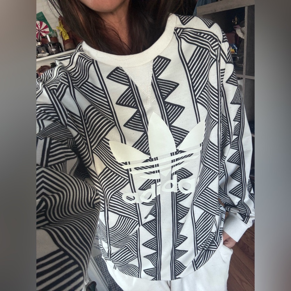adidas White & Black Geometric Trefoil Sweatshirt